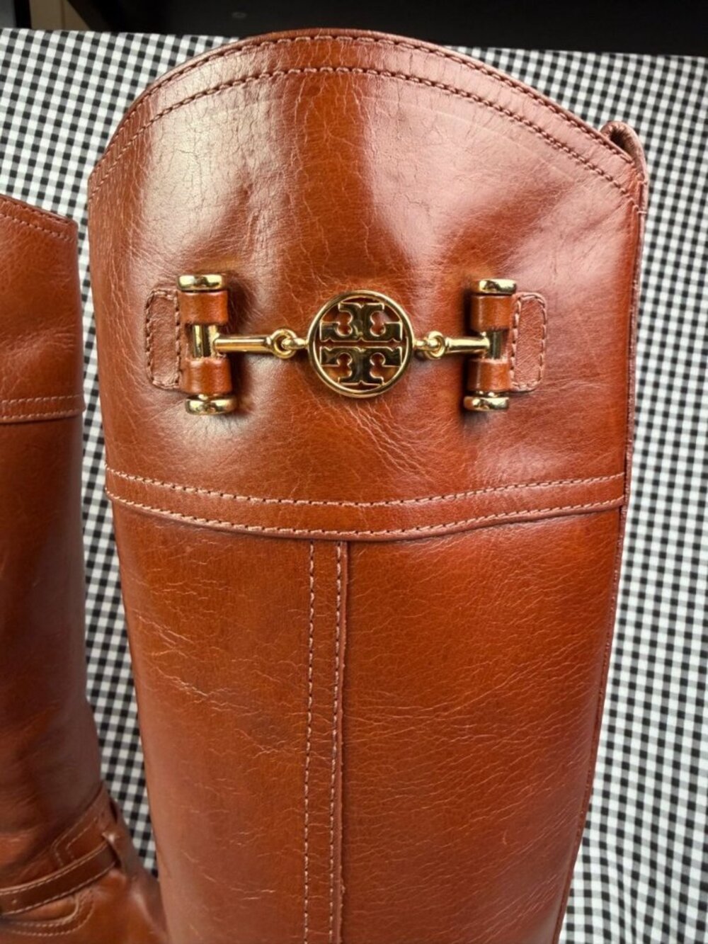 Tory Burch Nadine Brown Leather Riding Boots Womens 7 M Tall Gold Logo - Picture 2 of 8